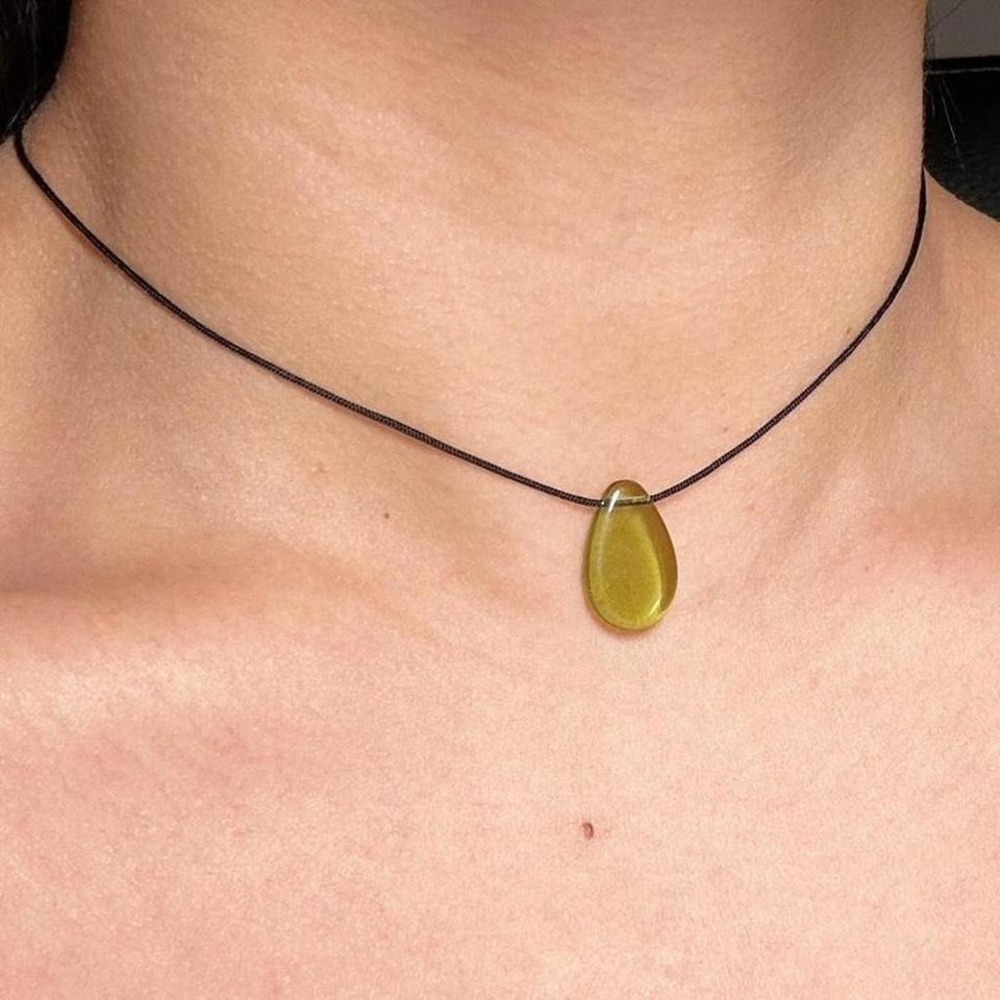 Handmade Olive Czech Glass Drop Necklace Boho Adjustable Cord Earthy Cottagecore